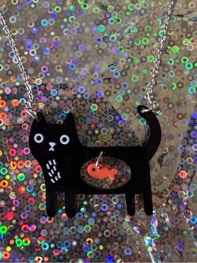 Whimsical Black Cat with Orange Fish Charm Necklace 🐡😺